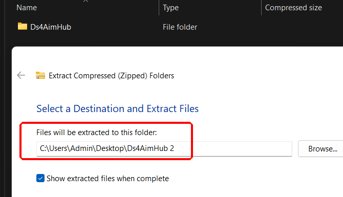 Extracting the DS4 AIM AimHub folder to the desktop
