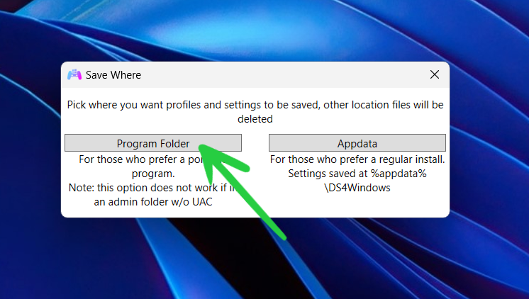 Selecting Program Folder for DS4Windows