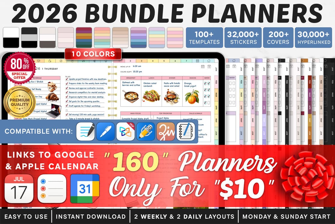 2026 bundle of digital planners for GoodNotes in multiple colors
