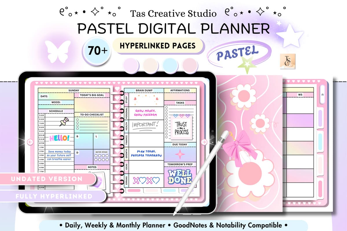 Pastel undated digital planner with hyperlinked pages