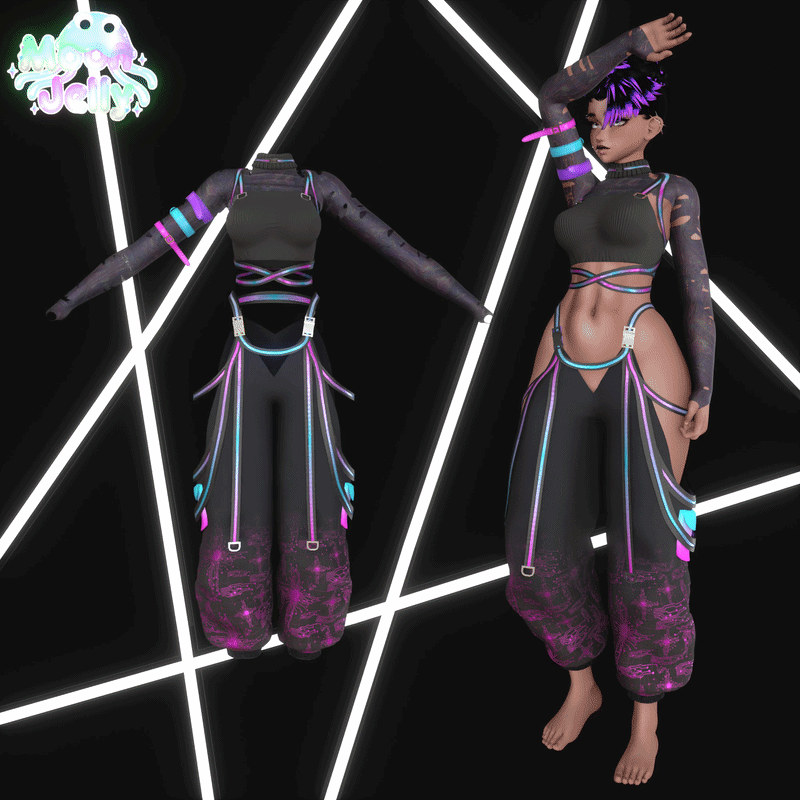 Digital Darling | Cyberpunk Techwear, Crop Longsleeve, Harness Halter Top, Harem Pants