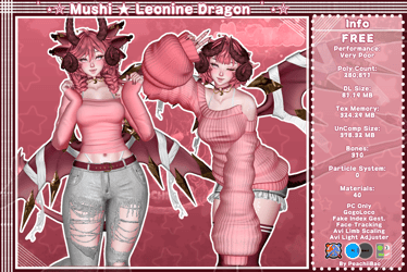 Mushi! Leonine Dragon! (3.0 VRChat Avatar) FREE / SFW / PC / FT