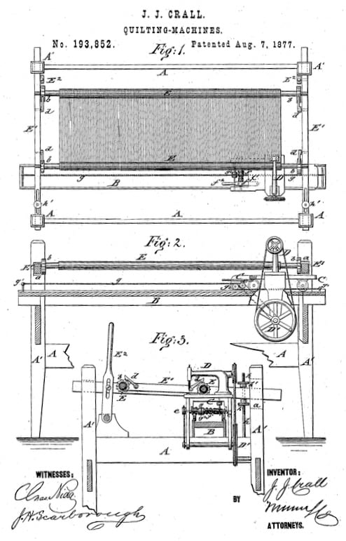 Patent drawing of a sewing machine on a track with a quilt in a frame