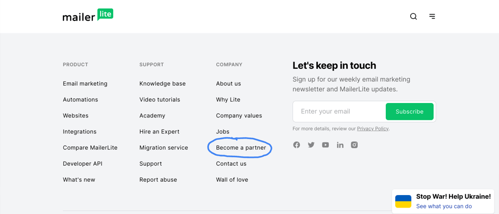 Mailerlite's Footer with Become a Partner link circled