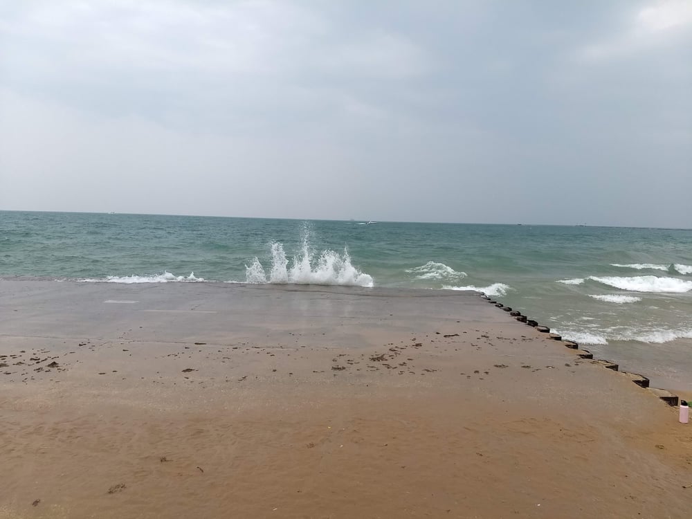 High waves on Lake Michigan at the Oak Street Beach in Chicago