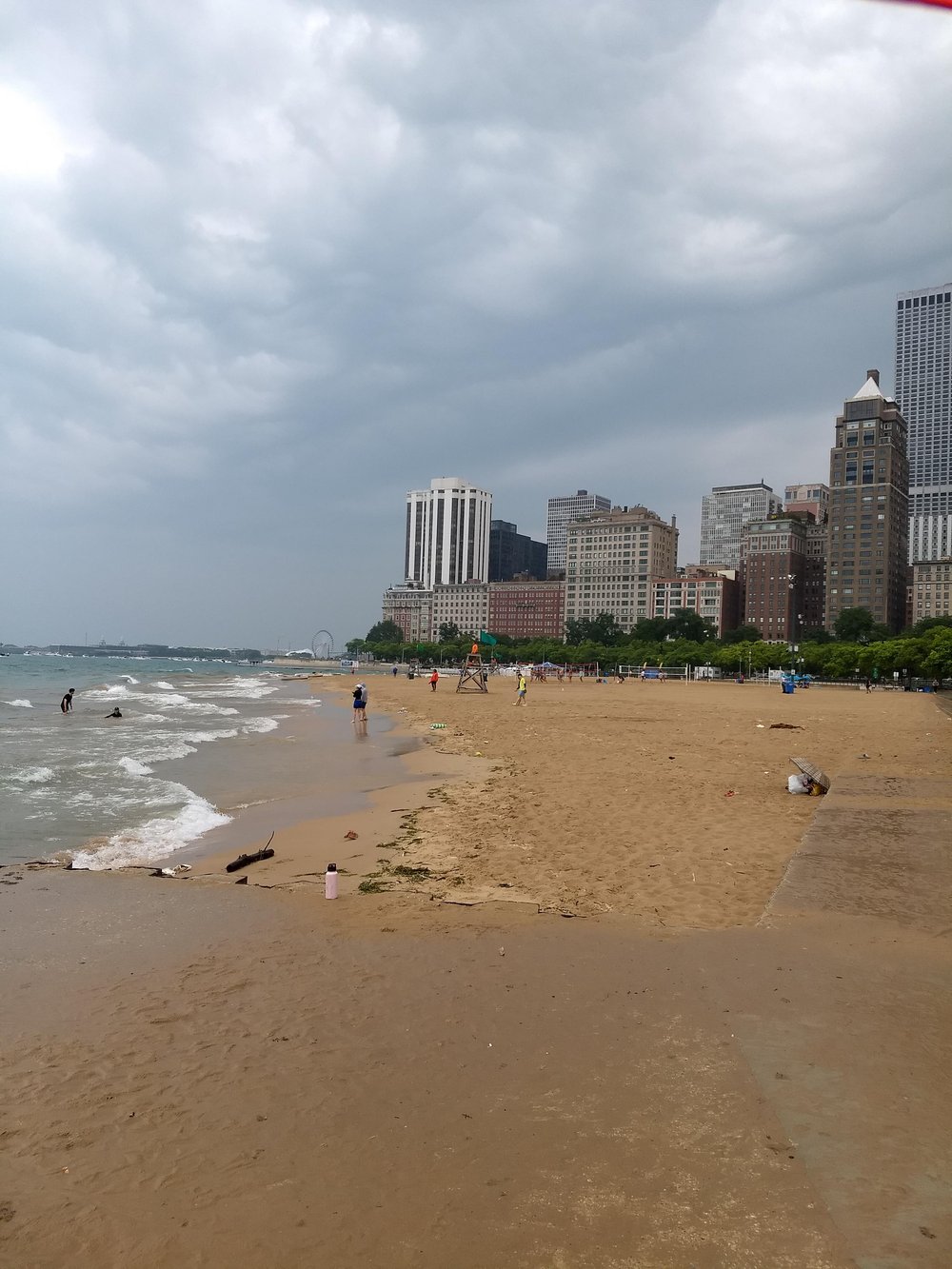 Oak Street Beach in Chicago on a cold rainy Saturday in August.