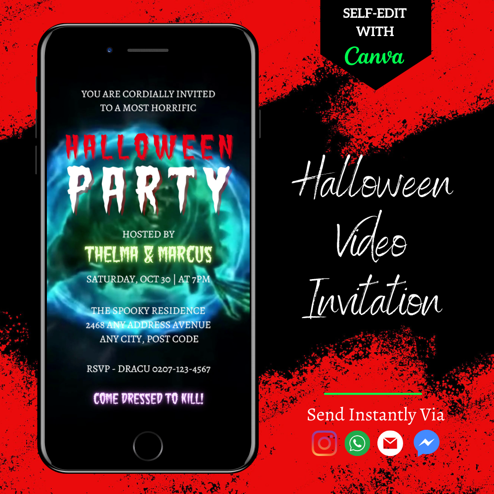scary neon green ghost halloween party video invitation