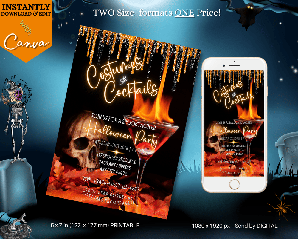 black dripping orange flamming cocktail glass scary skull halloween digital party invitation and printable flyer