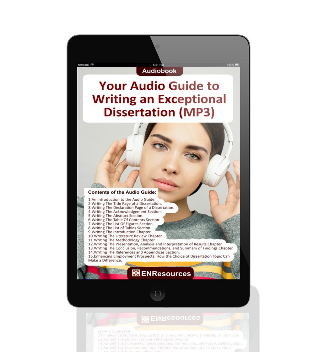 Looking to write an exceptional dissertation? Our audiobook, "Your Audio Guide to Writing an Exceptional Dissertation," covers everything you need to know, from writing the title page to enhancing employment prospects through choice of dissertation topic. Don't miss out on valuable tips for writing the declaration page, acknowledgment, abstract, table of contents, list of figures, list of tables, introduction chapter, literature review chapter, methodology chapter, presentation, analysis and interpretation of results chapter, conclusion, recommendations, summary of findings chapter, references, and appendices section. Start your journey towards an exceptional dissertation now!