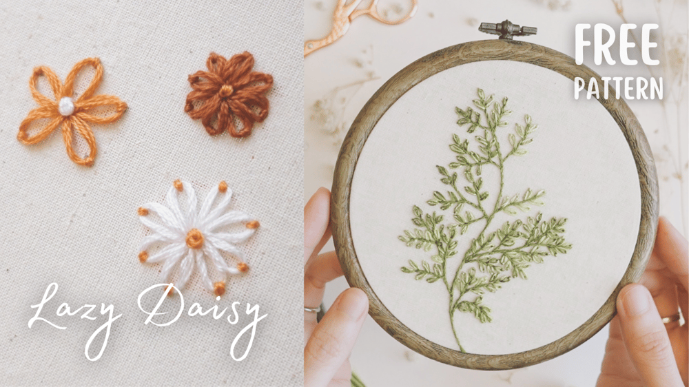 Lazy Daisy/ Detached Chain Stitch, A Step-by-Step Guide with FREE Sprig Embroidery Pattern
