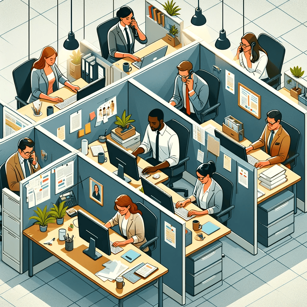 people working in a cubicle office