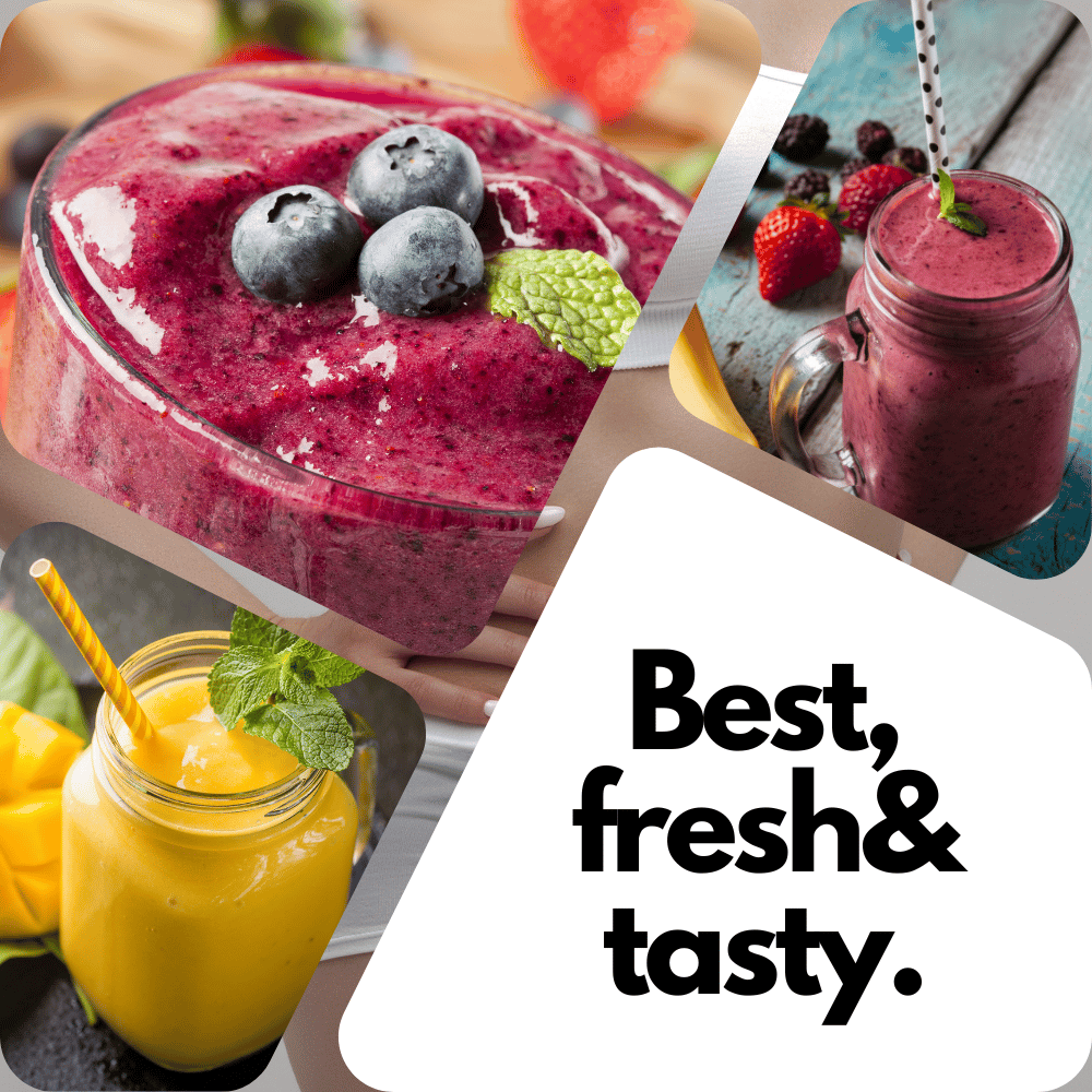 A woman is standing with her hands on her hips while doing laundry, and around her are smoothie glasses and berries and the words "fresh and delicious"