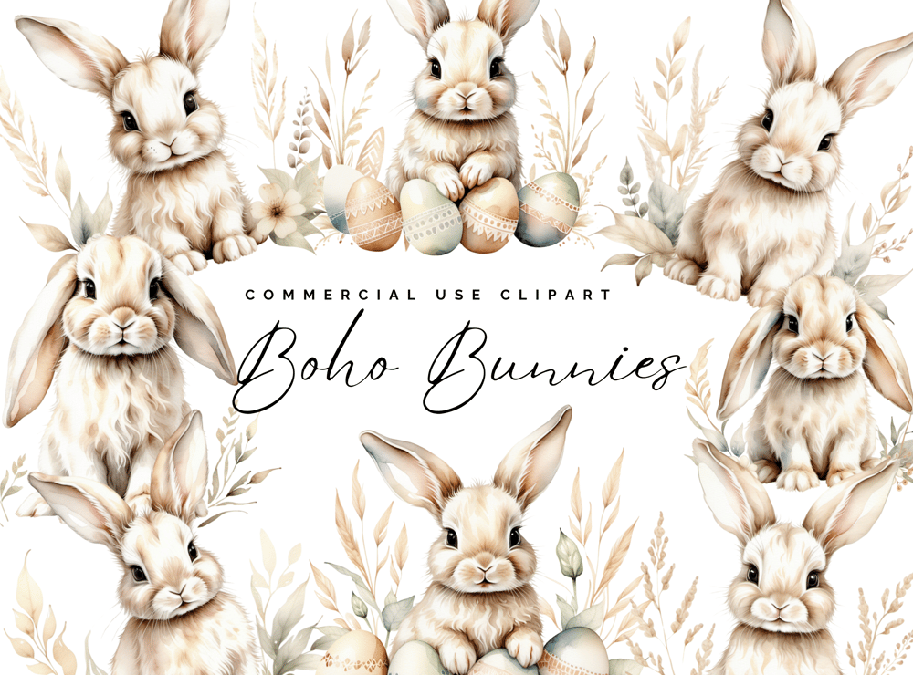 boho easter bunnies commercial use clipart