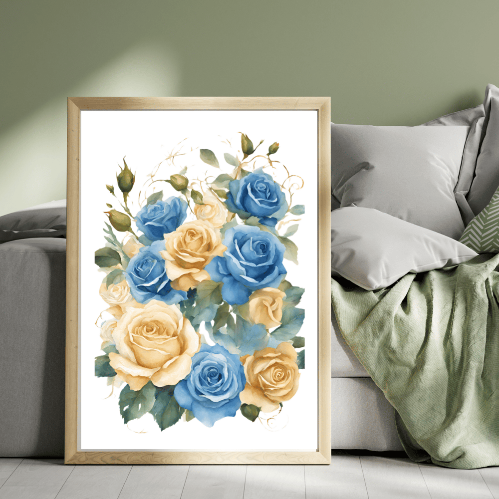 Gold and Blue Roses Romantic Watercolor Poster - Kickis Shop