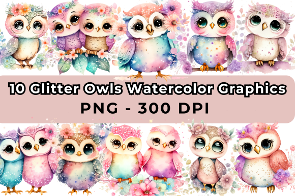 Glitter Owls Watercolor Graphics - Kickis Shop