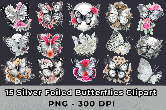 Silver Foiled Butterflies Clipart - Kickis Shop