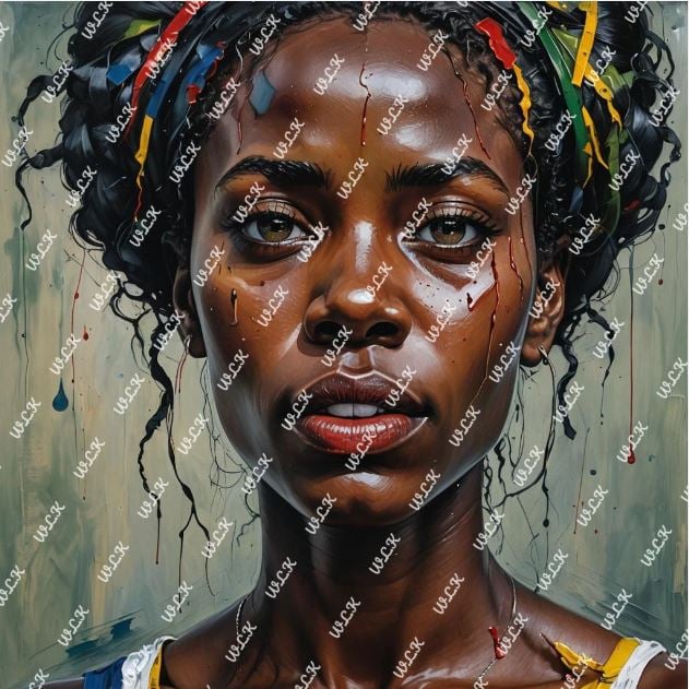 a digital art oil portrait painting of a young black woman filled with pain and mixed emotions, staring into the soul. Color palettes of yellow, brown, blue, red, white, green and black created by AngelArt.