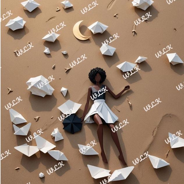 an origami digital artwork by AngelArt of a young black lady with afro laying on the beach sands dressed in a black top and white skirt with the cloud all around her and the moon overhead.