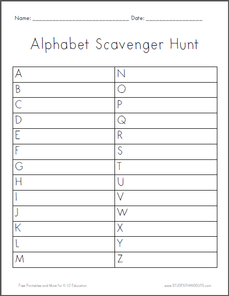 Alphabet Scavenger Hunt, DIY alphabet crafts for kids