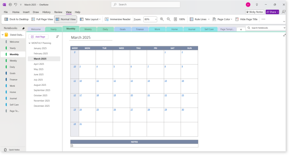 OneNote Dated Daily Planner - Monthly