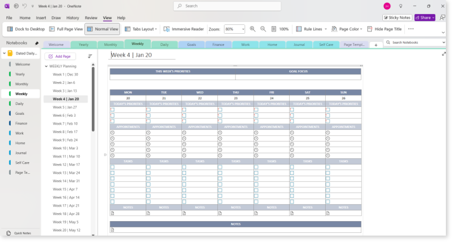 OneNote Dated Daily Planner - Weekly