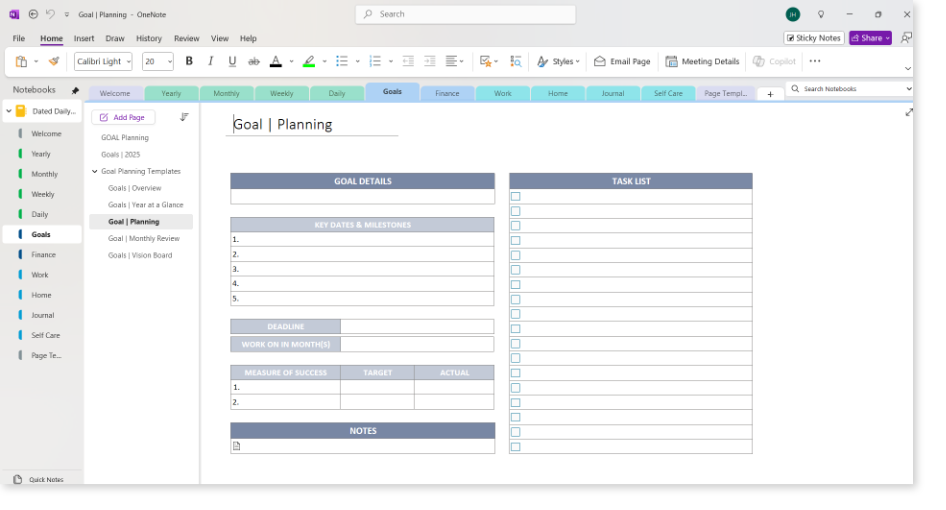 OneNote Dated Daily Planner - Goals
