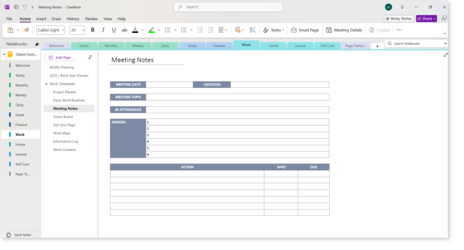 OneNote Dated Daily Planner - Work