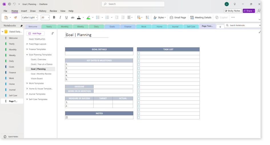 OneNote Dated Daily Planner - Page Templates
