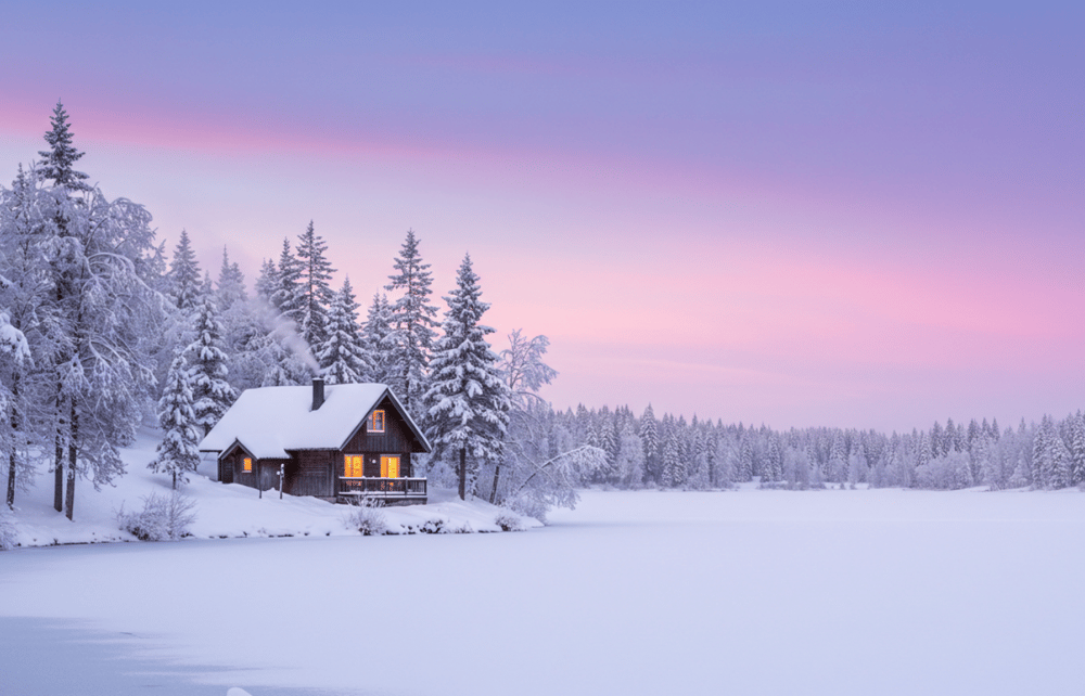 Cabin n the Woods Winter Scene by the lake