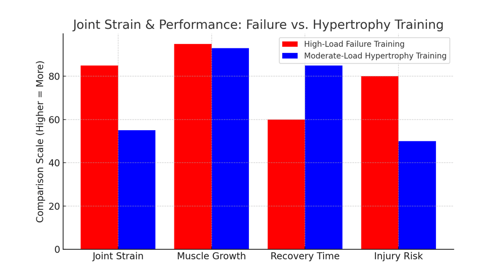 Comparison chart of joint strain, muscle growth, recovery time, and injury risk between high-load failure training and moderate-load hypertrophy training. Shows that hypertrophy training builds similar muscle with less strain on joints, faster recovery, and lower injury risk. Ideal for men over 40 looking for safer muscle-building methods