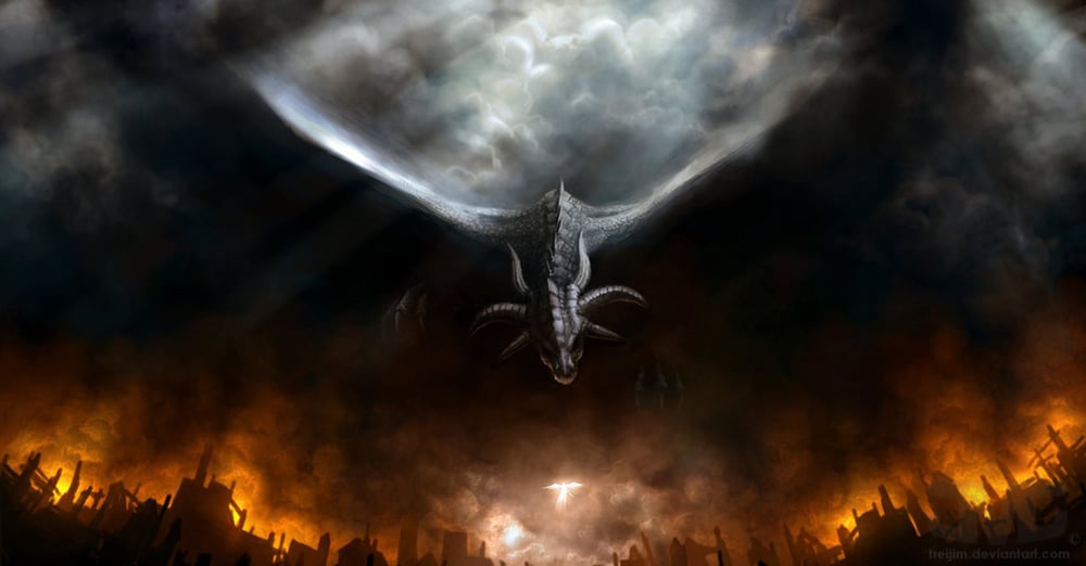 black dragon in fire with angel