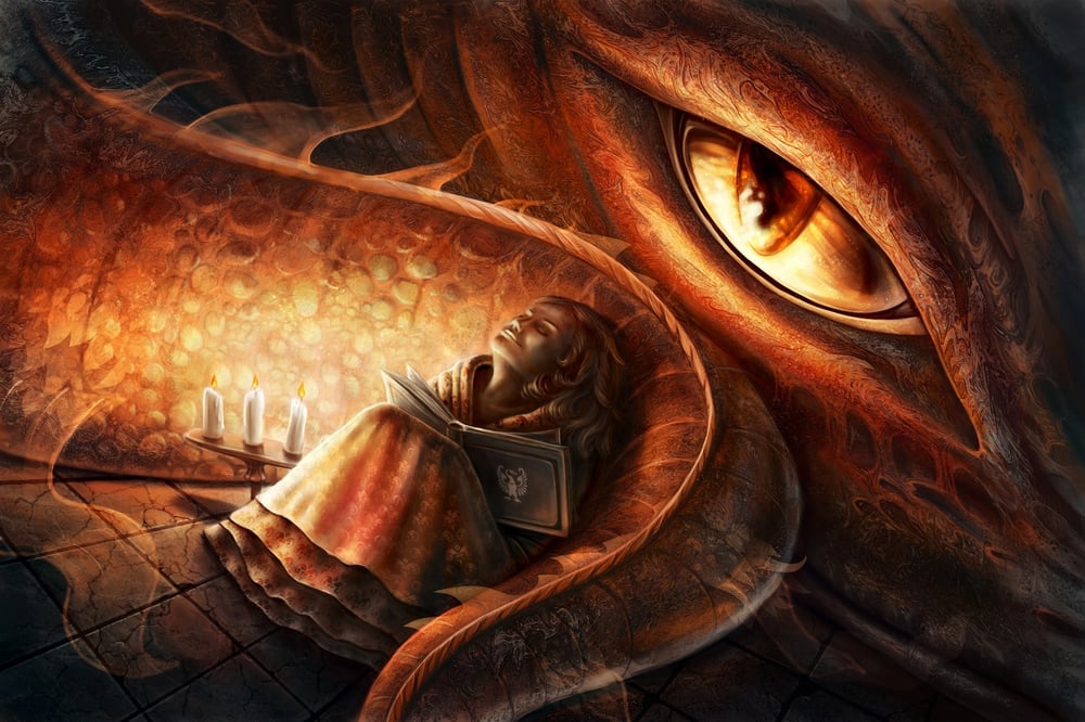 girl reading a book and dreaming of a dragon