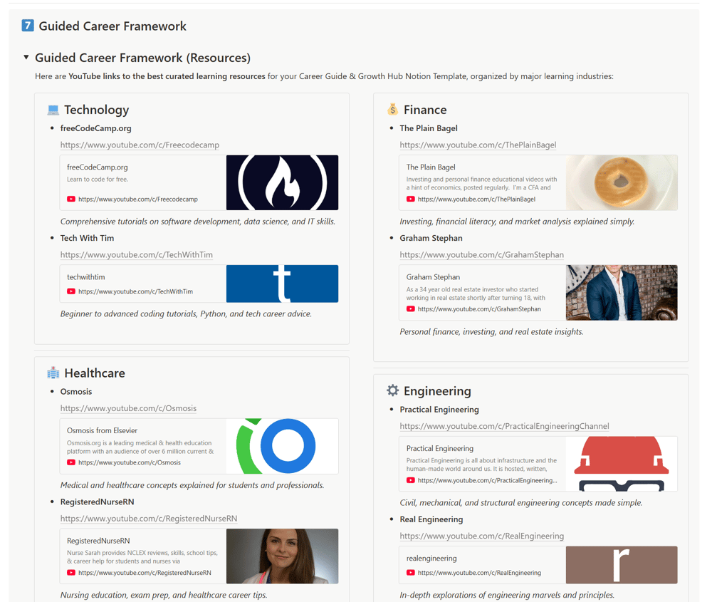 Guided Career Framework of the Career Catalyst Hub Notion Template.