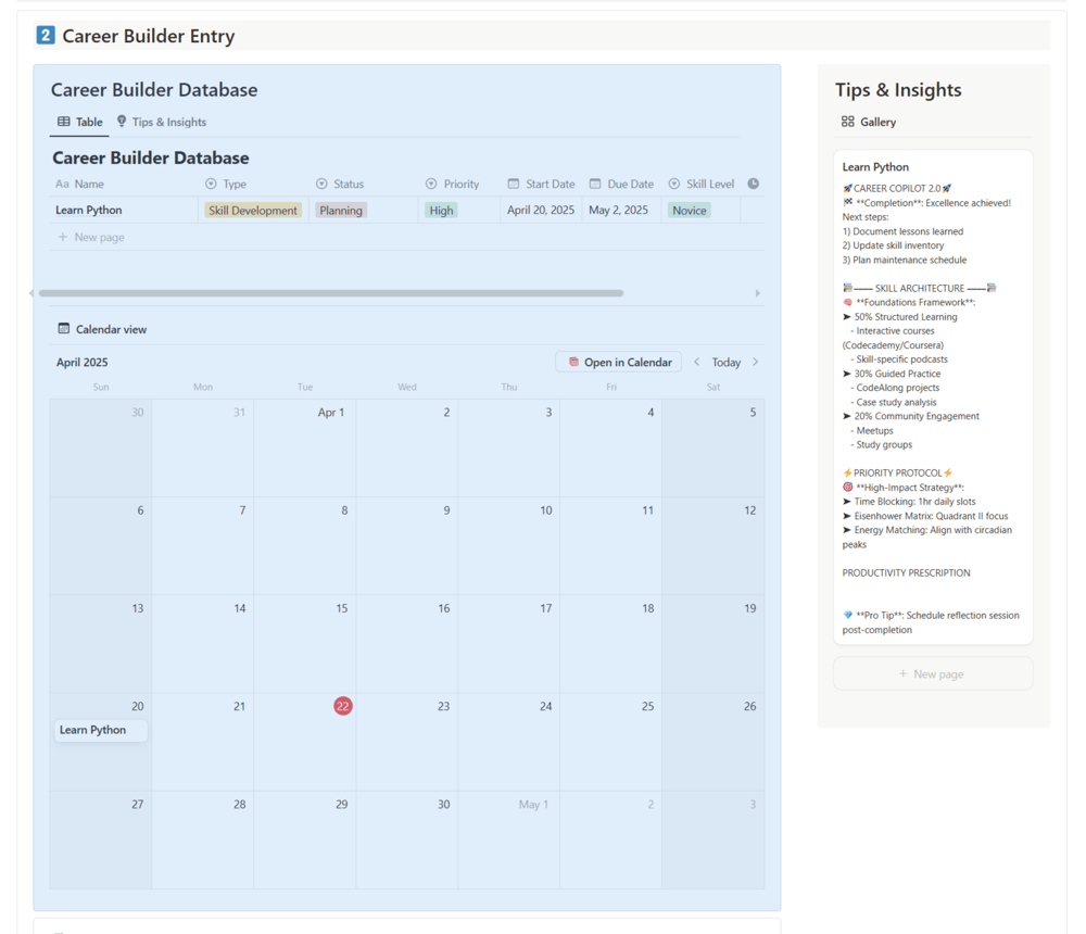 Career Builder Entry of the Career Catalyst Hub Notion Template.