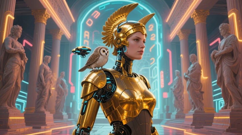 Robotic Greek goddess AI art with futuristic temple