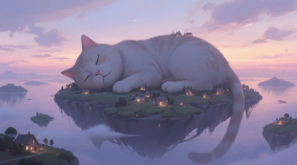 Surreal AI art of floating cat with dreamy islands