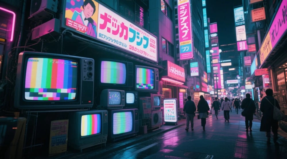 Retro-futuristic AI cityscape with vaporwave colors