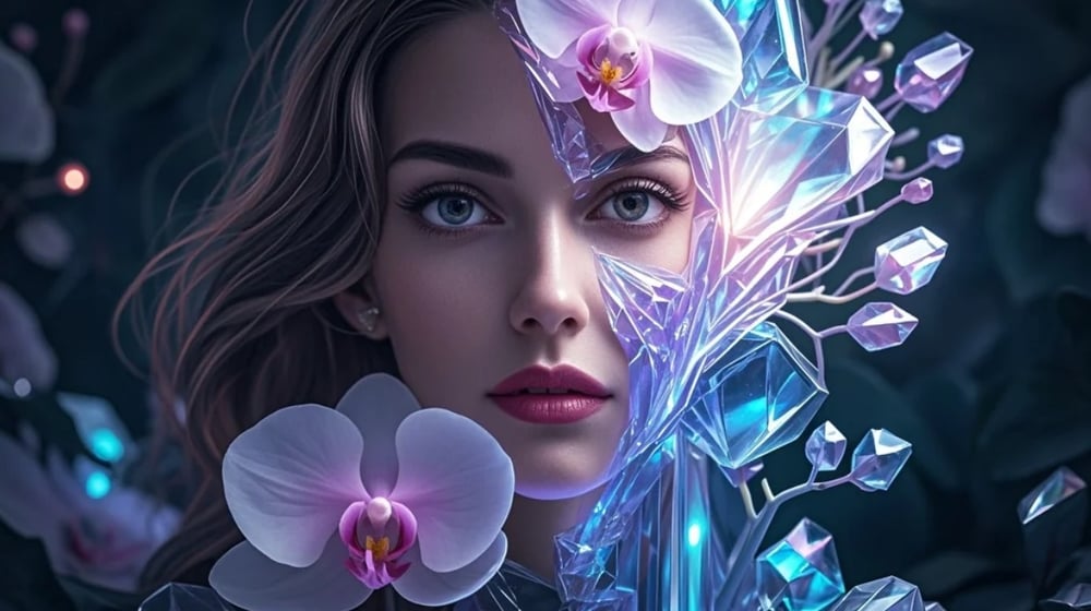 AI-generated bio-digital portrait with flowers and tech fusion