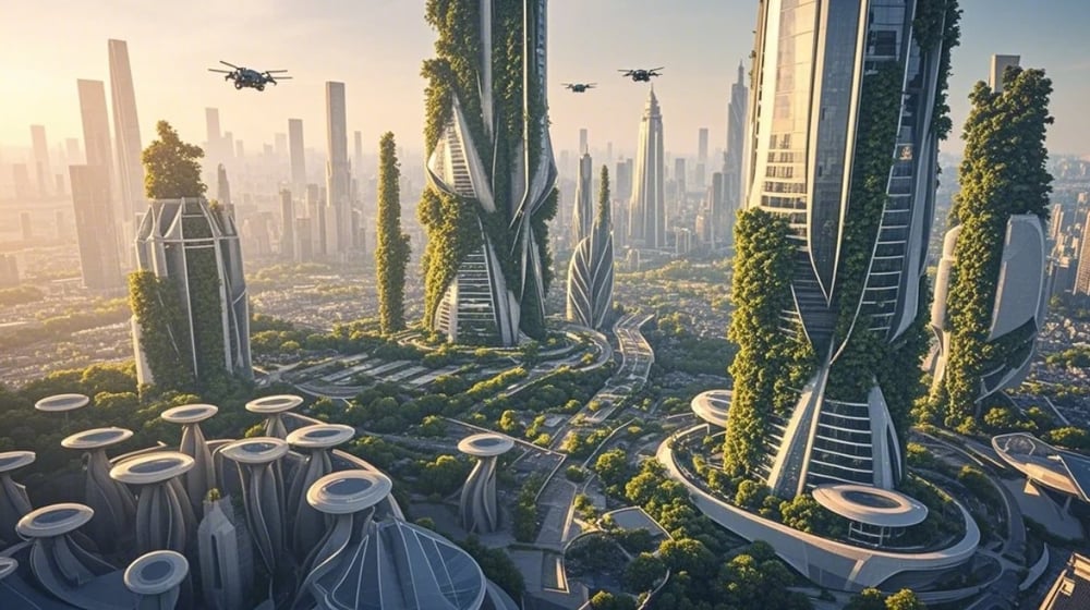 AI-generated eco-city with green architecture