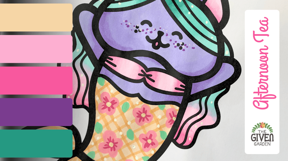 A bold line mermaid colouring page coloured in with a colour palette of deep warm colours and featuring a floral colouring pattern