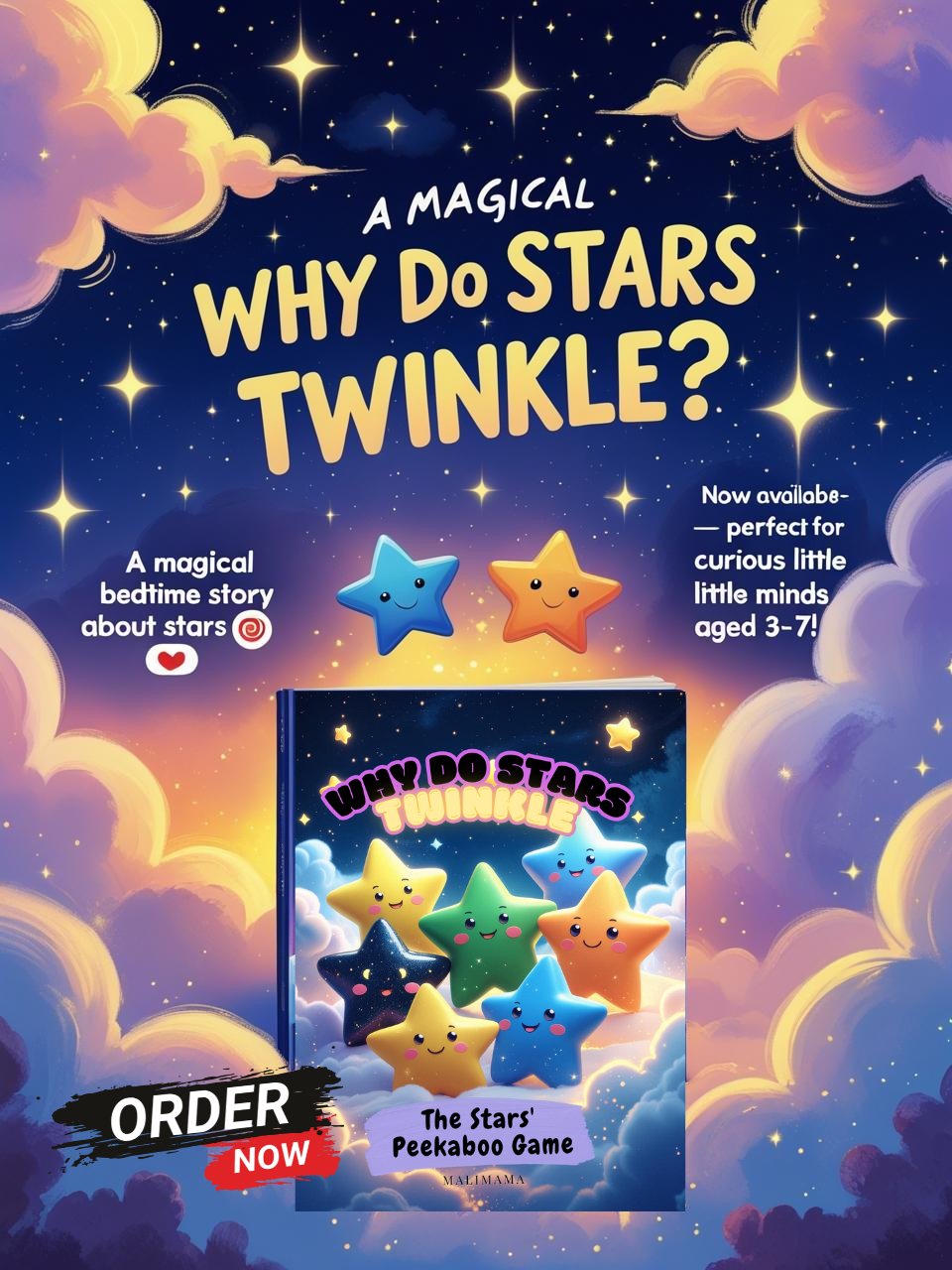 Colorful children’s book cover titled 'Why Do Stars Twinkle' featuring six cartoon stars in a magical night sky, created by Malimama and her 5-year-old son ChiChi