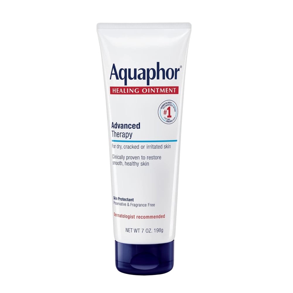 A tube of Aquaphor Healing Ointment Advanced Therapy, a dermatologist-recommended body moisturizer for dry skin, 7 oz (198g), designed to soothe cracked or irritated skin. Perfect addition to your body care products collection. White background.