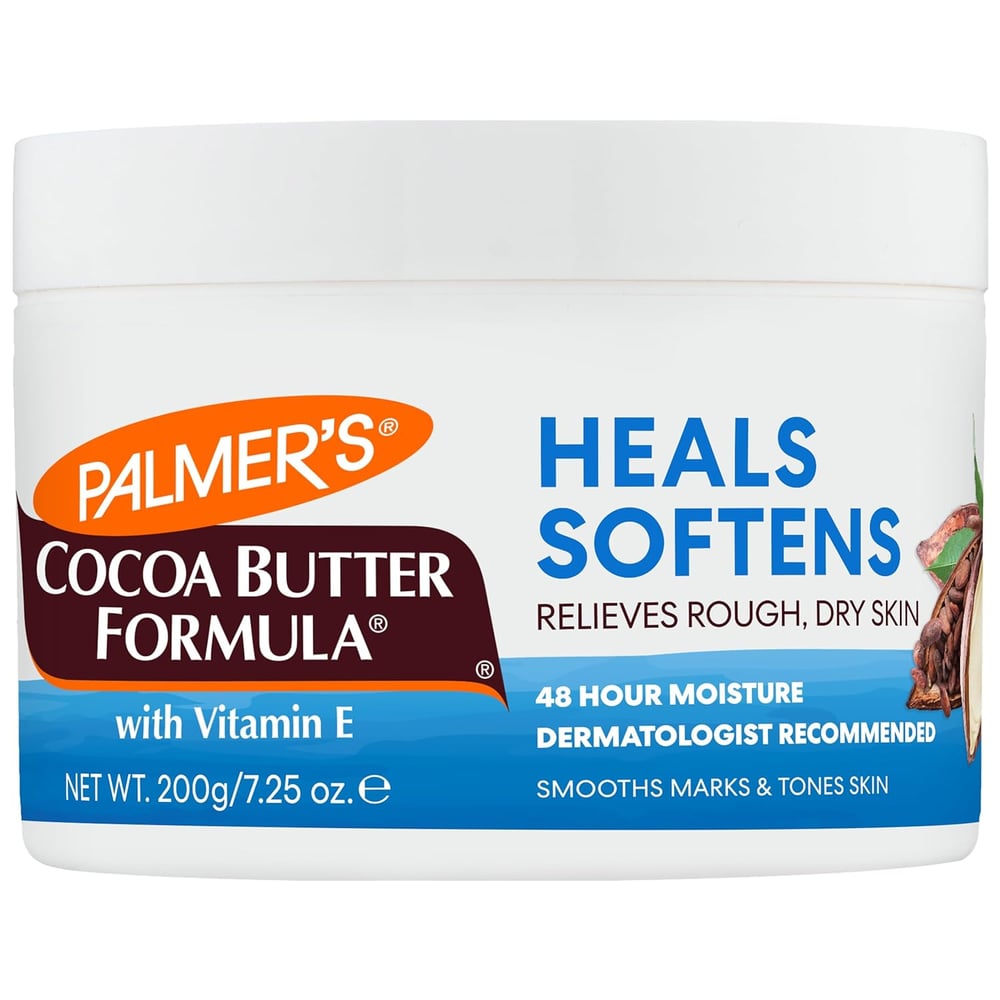 A white tub of Palmers Cocoa Butter Formula with Vitamin E. This body lotion for dry skin highlights Heals Softens, 48 Hour Moisture, and Dermatologist Recommended for rough, dry skin. Net weight is 200g/7.25 oz.