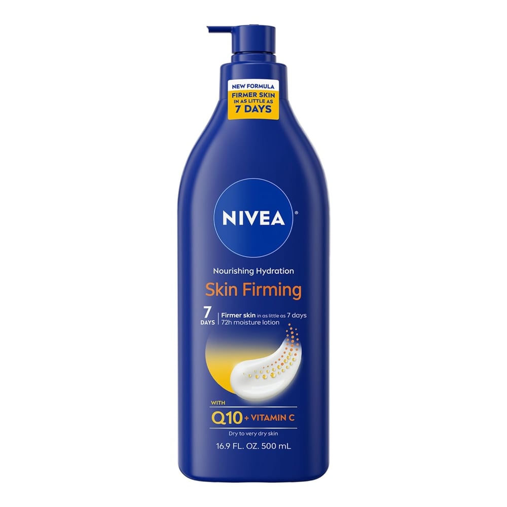 A blue bottle of Nivea Skin Firming body lotion for dry skin with Q10 and Vitamin C, featuring a pump dispenser and offering firmer skin in 7 days. This 16.9 FL OZ (500 mL) lotion is labeled for nourishing hydration among top body care products.