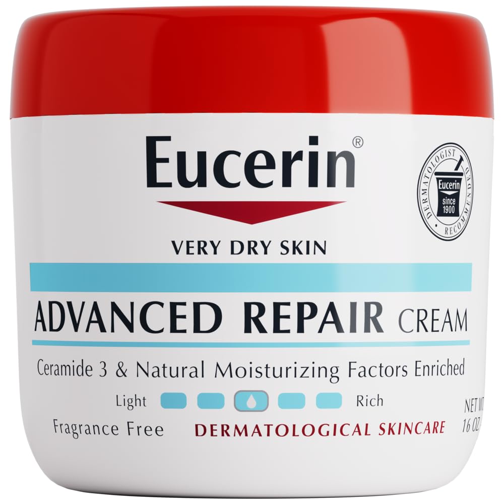 A white jar of Eucerin Advanced Repair Cream with a red lid, labeled as a body moisturizer for dry skin. The front highlights ceramides, moisturizing factors, and is marked fragrance free and dermatological skincare.