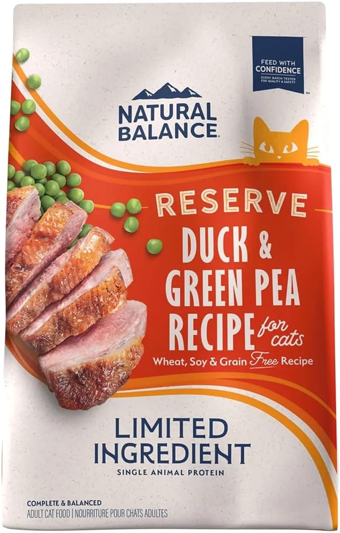 A bag of Natural Balance Reserve Limited Ingredient maine coon cat food, featuring sliced duck meat and green peas on the front. The Duck &amp; Green Pea flavor is wheat, soy &amp; grain free, specially made for adult cats.