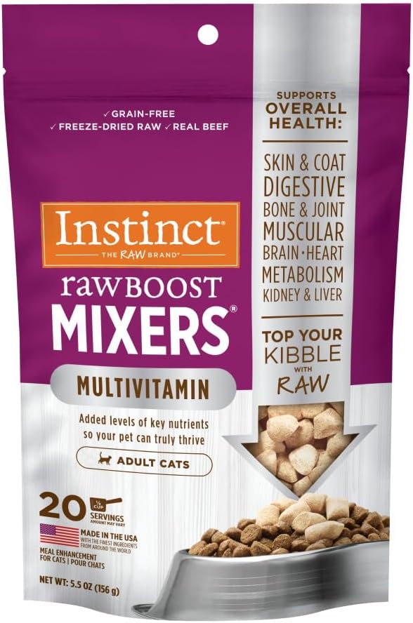 A bag of Instinct Raw Boost Mixers Multivitamin for adult cats—perfect as a Maine Coon cat food topper—featuring freeze-dried raw beef. The packaging highlights health benefits, serving details, and shows the food being poured into a bowl.