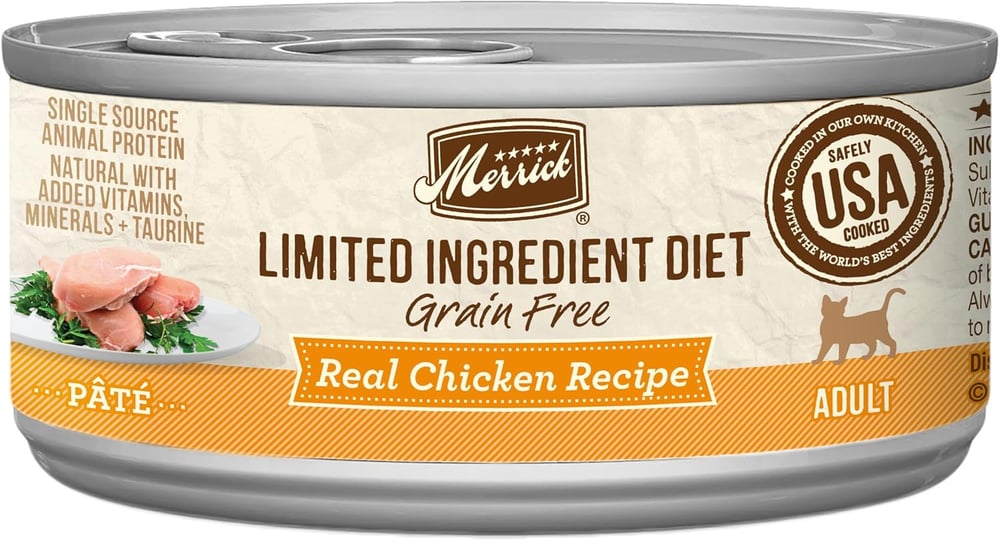 A can of Merrick Limited Ingredient Diet Grain Free Adult Maine Coon cat food, Real Chicken Recipe flavor, featuring images of chicken and product details on the label, with a silver pull-tab lid.