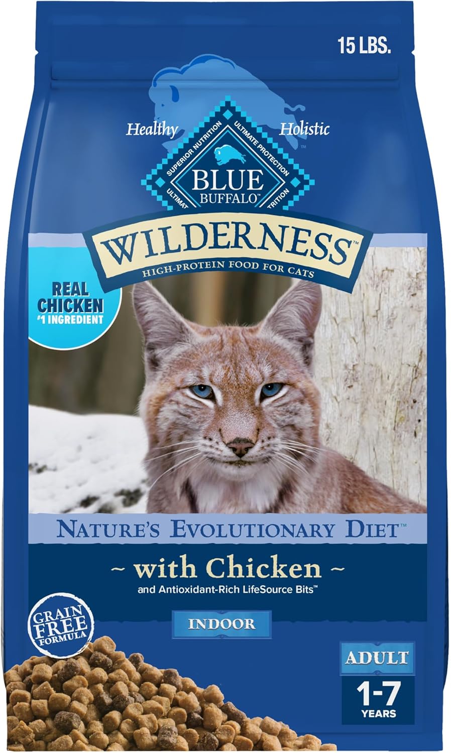 A 15-pound bag of Blue Buffalo Wilderness dry cat food for indoor adult cats, ideal as Maine Coon cat food, featuring a lynx image, blue packaging, and text highlighting real chicken as the first ingredient and a grain-free formula for ages 1-7 years.