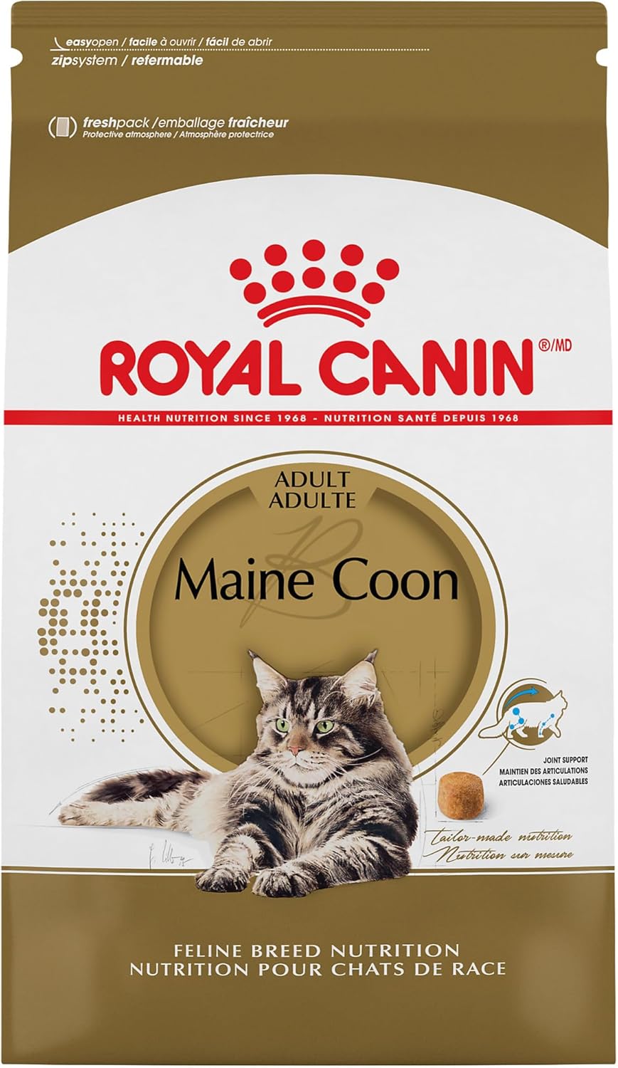 A bag of Royal Canin Maine Coon Adult dry cat food featuring a large, fluffy Maine Coon cat image, gold and white packaging, and detailed maine coon cat food information in English and French.